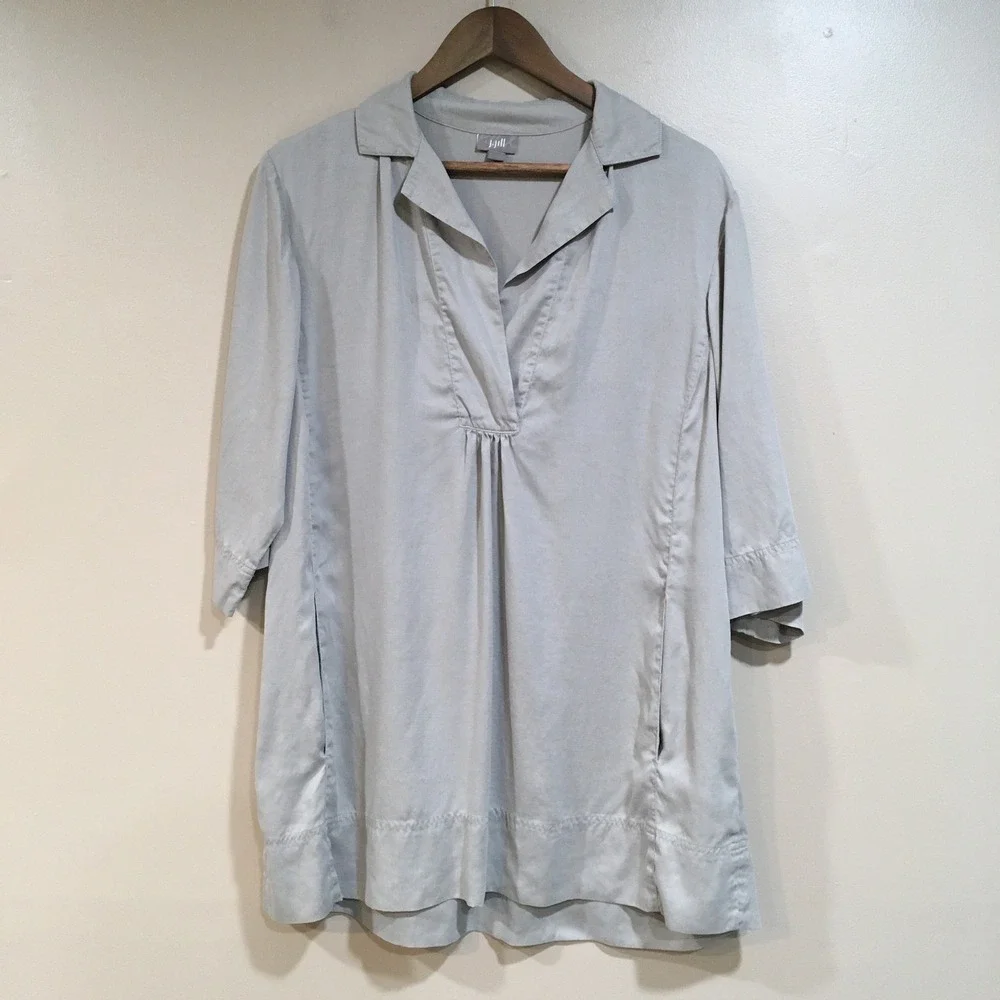 J. Jill Lyocell Hemp Tunic Top Womens S Gray Collared Minimalist Neutral Coastal